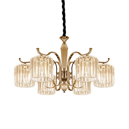 Contemporary Cylindrical Chandelier - 6 Head Clear Crystal Prism Suspension Light