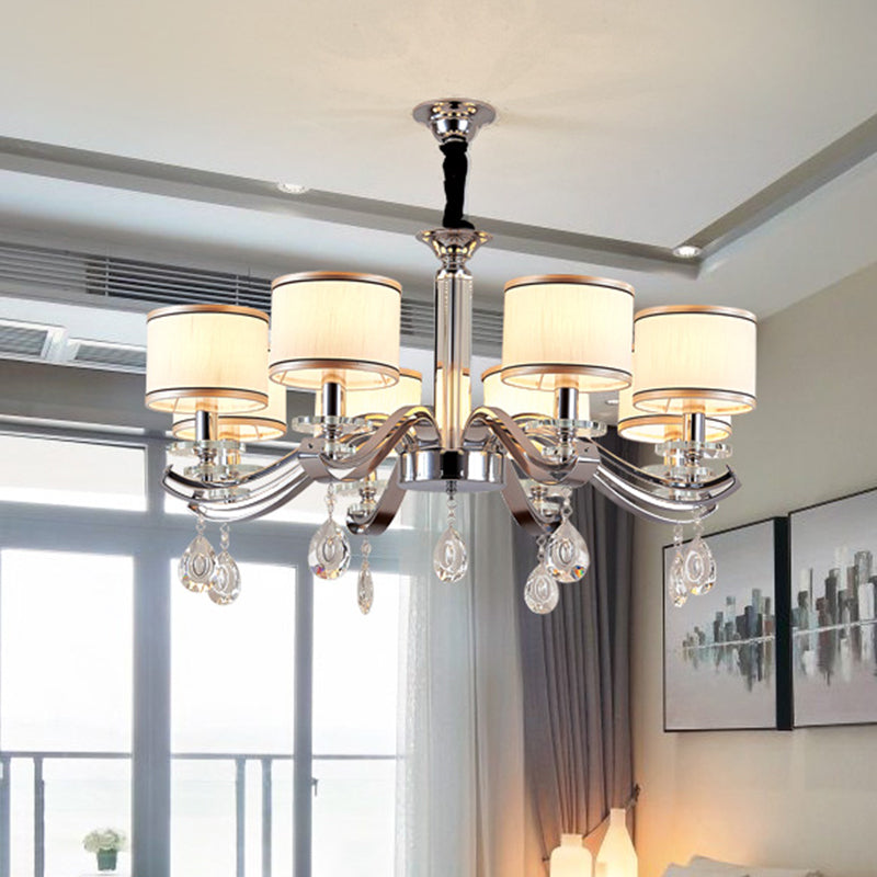 Modern Chrome Finish Chandelier with 8 Bulbs and Metallic Curved Arms - Small Drum Fabric Shade Pendant Lighting