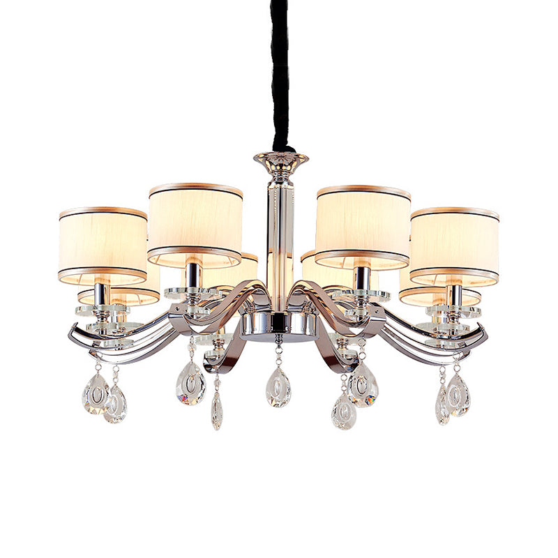 Modern Chrome Finish Chandelier with 8 Bulbs and Metallic Curved Arms - Small Drum Fabric Shade Pendant Lighting