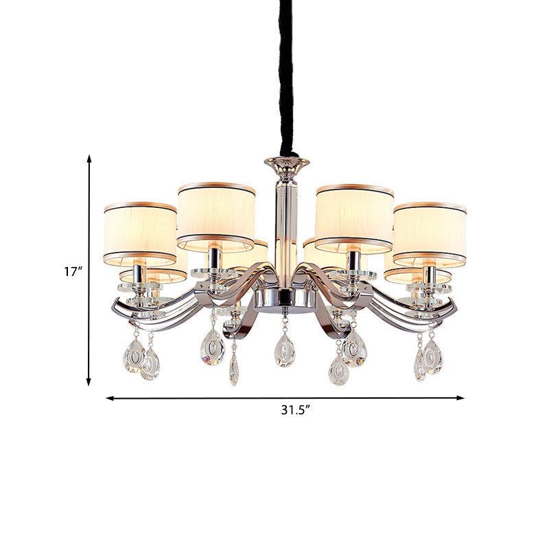 Modern Chrome Finish Chandelier With 8 Bulbs Metal Curved Arms And Small Drum Fabric Shade