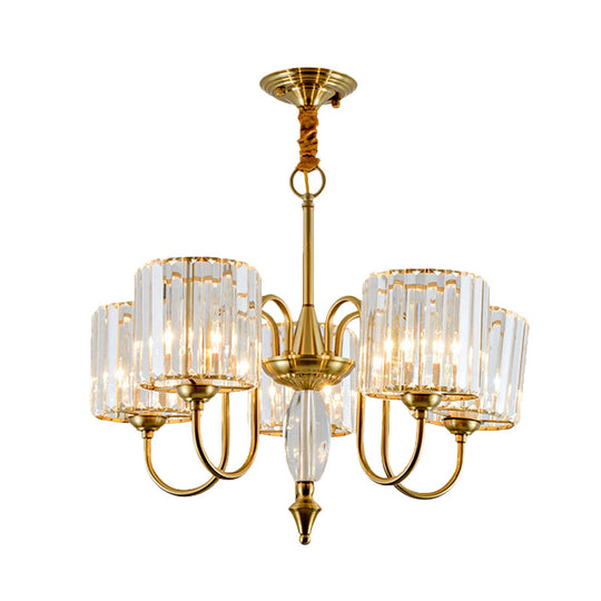 5-Bulb Gold Modern Pendulum Chandelier with Crystal Block Drum Shade - Perfect for Dining Room Ceiling Lighting