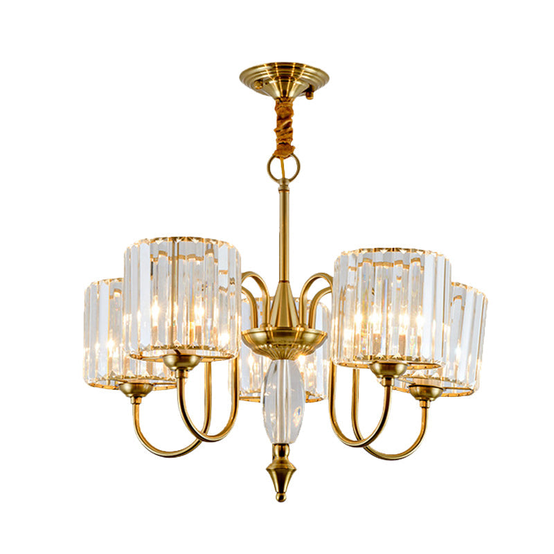 Modern Crystal Block Chandelier With Drum Shade - Gold Finish