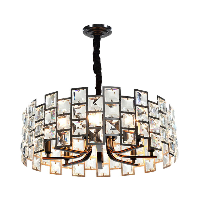 Modern Round Pendant Lighting - 8-Light Crystal Block Chandelier Lamp in Black