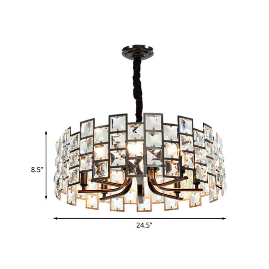 Modern Round Pendant Lighting With 8 Crystal Block Embedded Lights - Black Chandelier Lamp