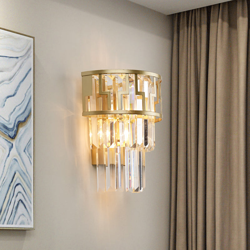 Modern Gold Tiered Bedside Wall Sconce With 2 Crystal Lights