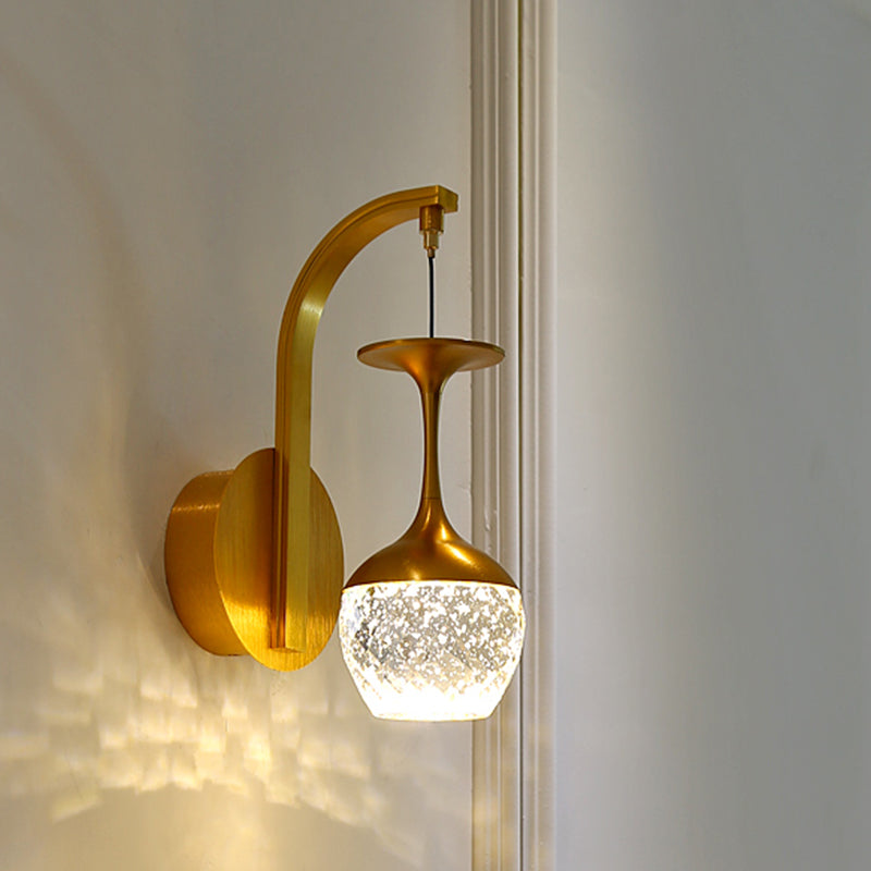 Modern Led Wall Light With Gold Cup Design Crystal Shade And Metallic Fixture