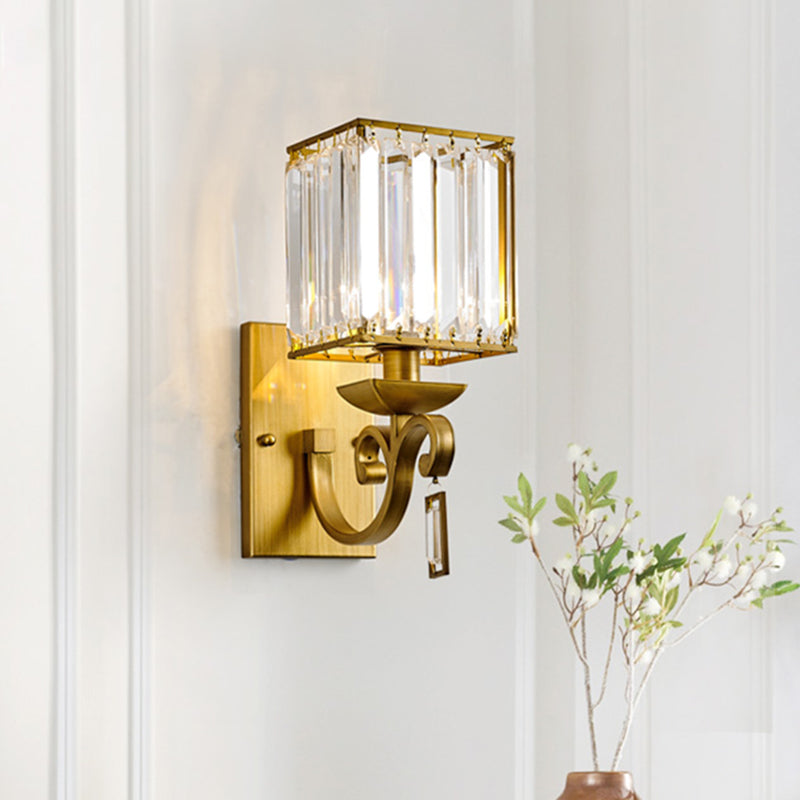 Modern Cuboid Wall Light Sconce With Crystal Block 1-Bulb Brass Fixture