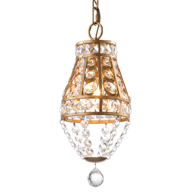 1-Head Gold Finish Pendant Light With Faceted Crystal Design - Ideal For Restaurant Lighting