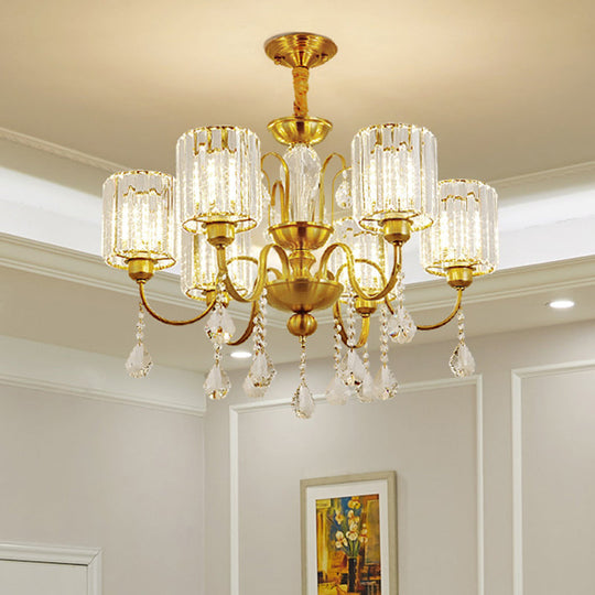 Modern Gold Finish Cylinder Pendant Chandelier With Crystal Block - 6 Heads Suspension Light For