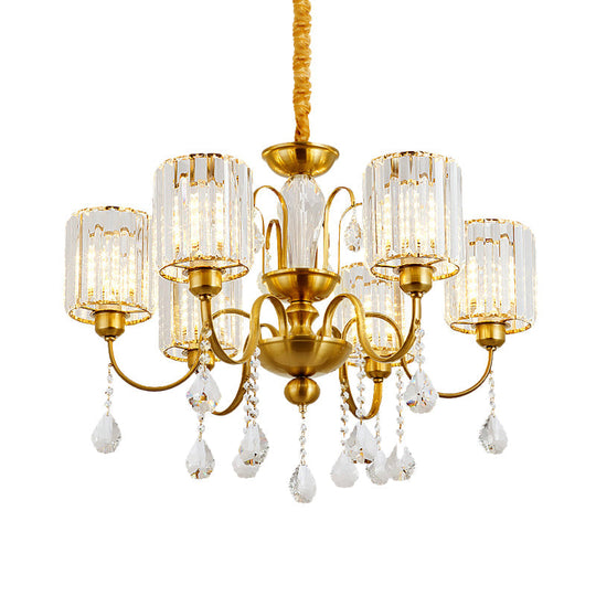 Modern Gold Finish Cylinder Pendant Chandelier With Crystal Block - 6 Heads Suspension Light For