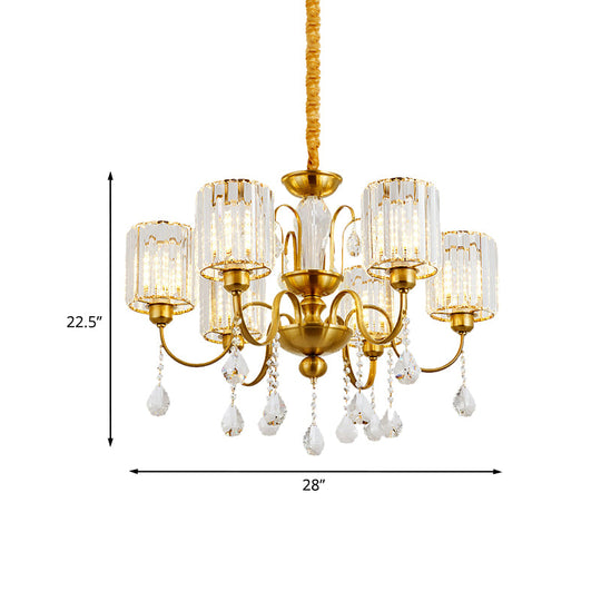Modern Crystal Block 6-Light Cylinder Pendant Chandelier with Gold Finish - Ideal for Living Room Suspension Lighting