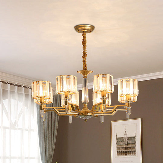 Modern 8-Light Gold Chandelier With Prismatic Crystal Cylinder Shades For Living Room Suspension
