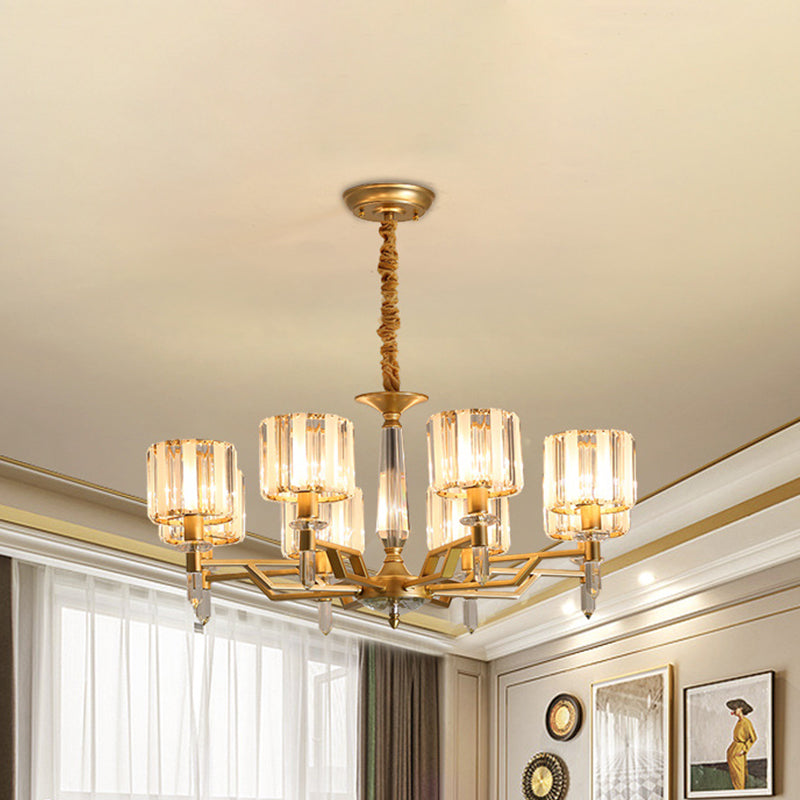 Modern 8-Light Gold Chandelier With Prismatic Crystal Cylinder Shades For Living Room Suspension