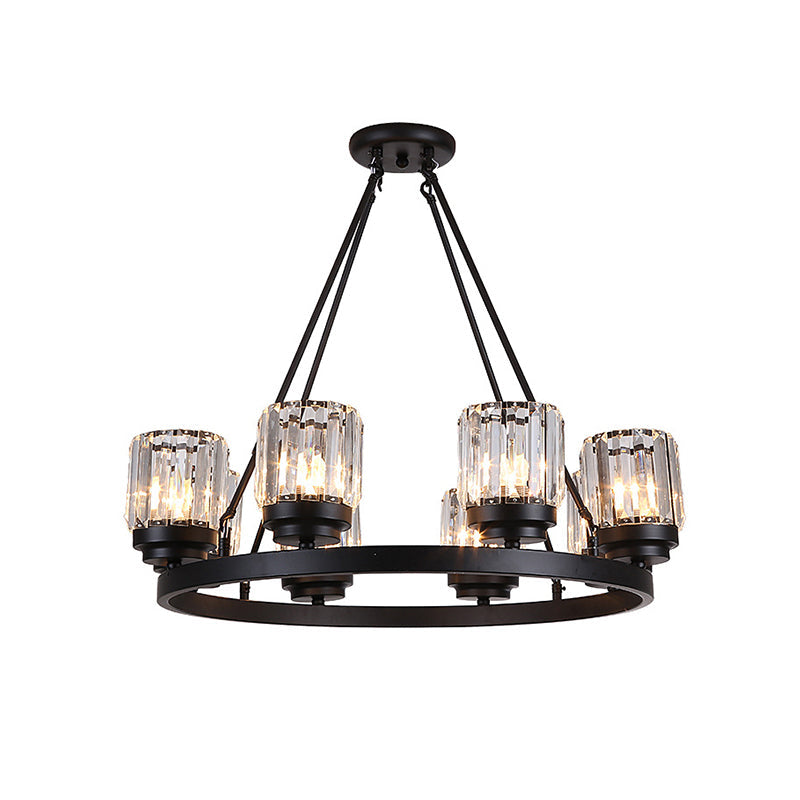 Vintage Iron Wagon Wheel Chandelier - Black, 8-Head Pendant with Crystal Cylinder Shade - Living Room Hangings