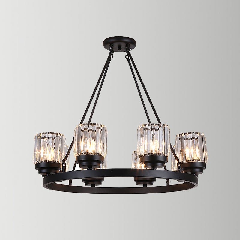 Vintage Iron Wagon Wheel Chandelier - Black, 8-Head Pendant with Crystal Cylinder Shade - Living Room Hangings