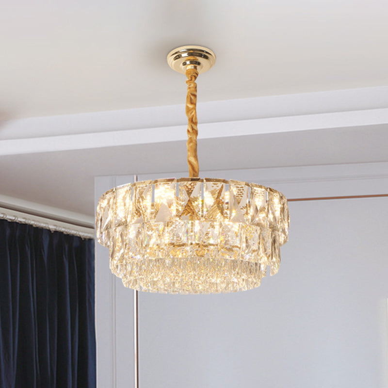 Simple Gold 10-Light Drum Chandelier With K9 Crystal - Ceiling Suspension Lamp