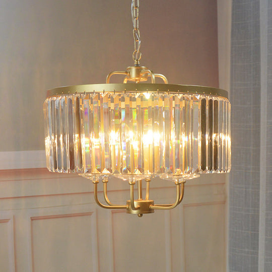 Modern Gold Chandelier With Crystal Rods And Tri-Sided Drum Shade - 7 Heads