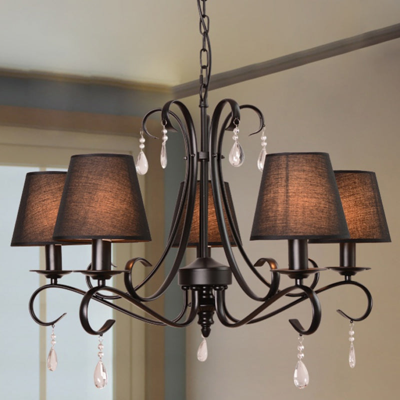 Rustic Black Fabric Suspension Pendant Chandelier With Swirl Arm Crystal Drops - 5 Lights For Living