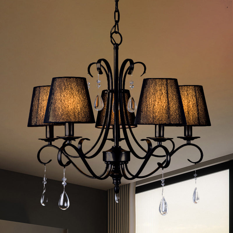Rustic Black Fabric Suspension Pendant Chandelier With Swirl Arm Crystal Drops - 5 Lights For Living