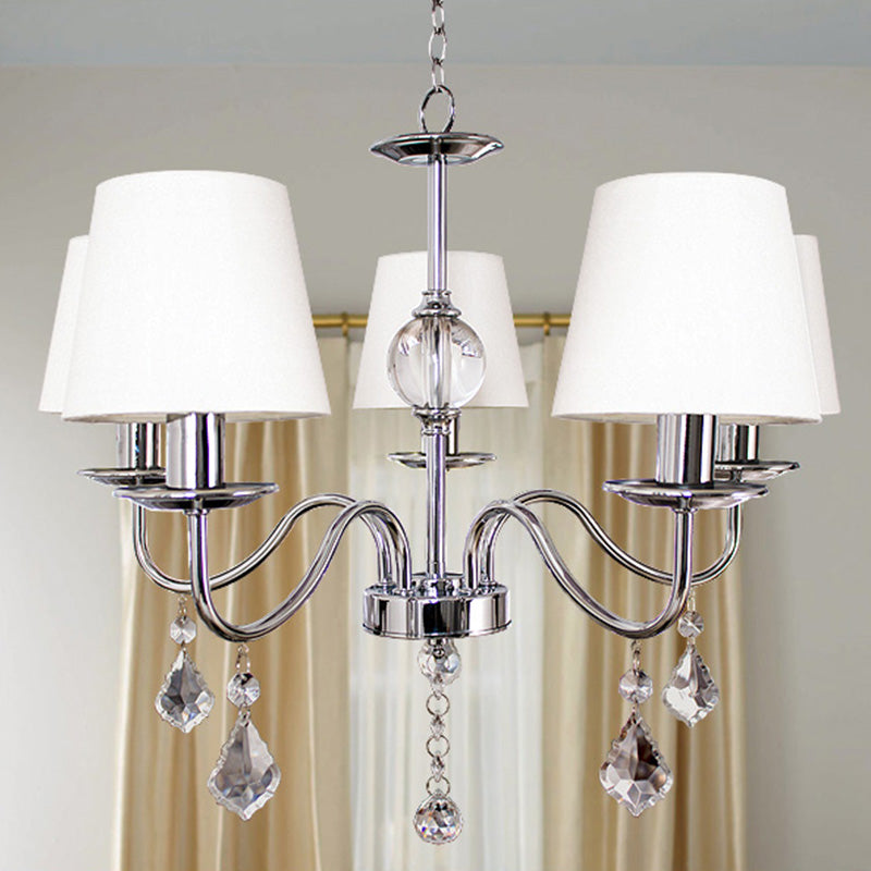 White-Chrome Fabric Cone Chandelier With Crystal Pendeloques - Modern Style 5 Heads Chrome