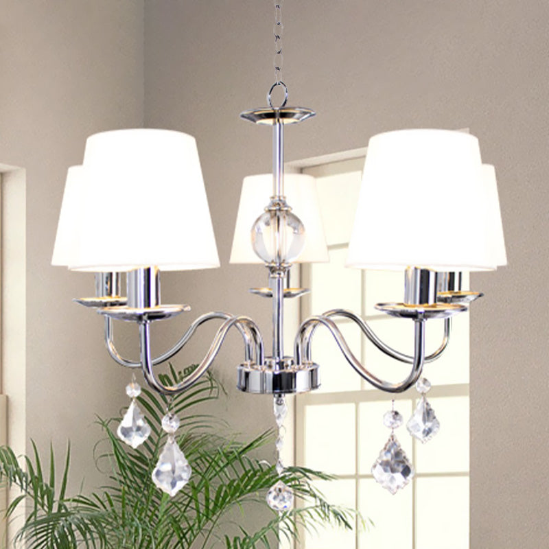 White-Chrome Fabric Cone Chandelier With Crystal Pendeloques - Modern Style 5 Heads