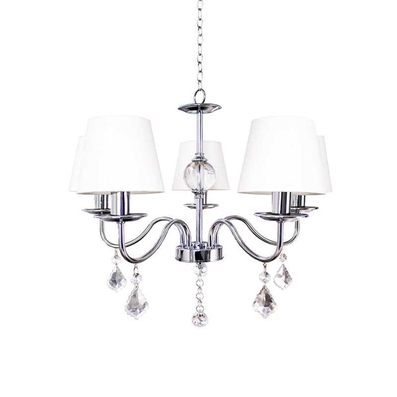 White-Chrome Fabric Cone Chandelier With Crystal Pendeloques - Modern Style 5 Heads