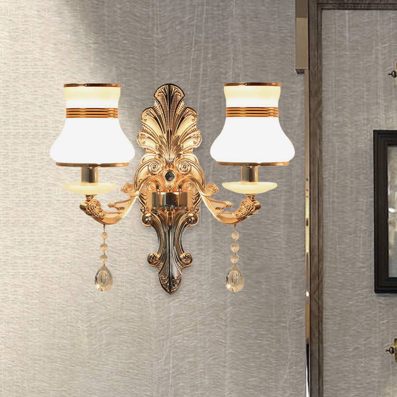 Traditional Frosted Glass Beaker Wall Sconce With Gold Finish - 2 Light Lamp