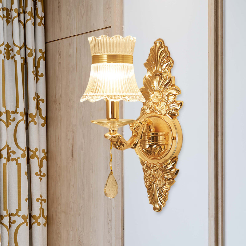 Traditional Clear Ribbed Glass Wall Sconce Light With Gold Carved Arm - Flower/Sector Design