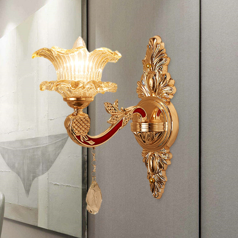 Traditional Clear Ribbed Glass Wall Sconce Light With Gold Carved Arm - Flower/Sector Design /