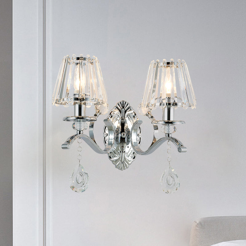 Contemporary Crystal Conical Wall Sconce - 2-Light Silver Lighting For Living Room