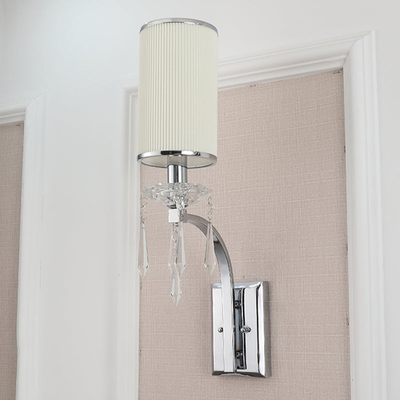 Pillar Wall Mounted Sconce Light In Chrome With Ribbed Fabric Shade - Ideal For Living Room