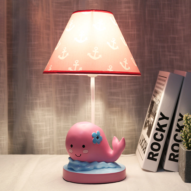 Pink Cartoon Whale Desk Lamp For Bedroom Nightstand - Small Resin With Barrel Fabric Shade