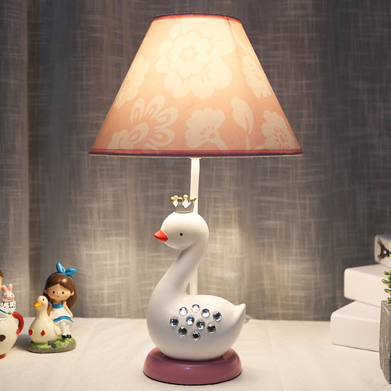 Cartoon Goose Night Light Reading Lamp With White Resin Base And Fabric Shade For Bedroom White-Pink