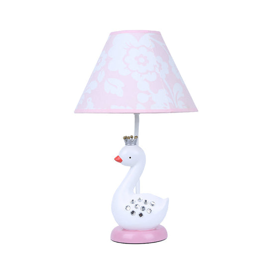 Cartoon Goose Night Light Reading Lamp With White Resin Base And Fabric Shade For Bedroom