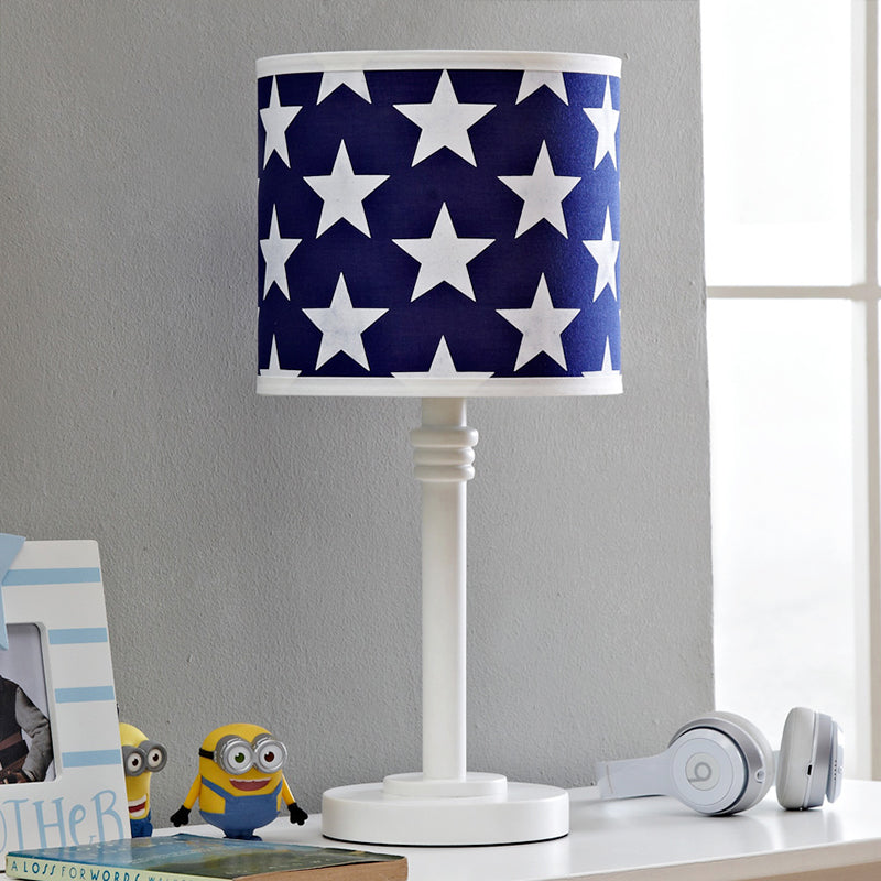 Modern Wood Drum Table Lamp With Star Pattern Blue Night Light
