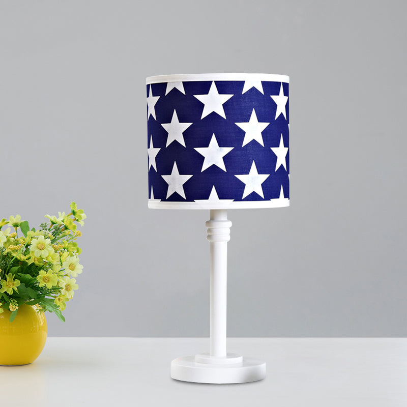 Modern Wood Drum Table Lamp With Star Pattern Blue Night Light