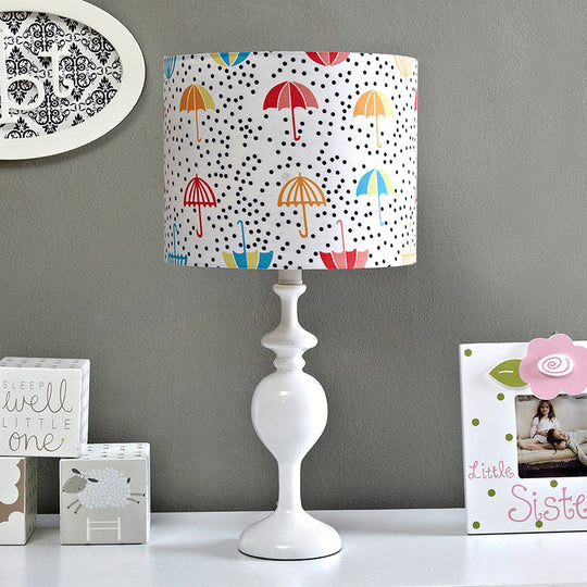 Contemporary Resin Drum Desk Light With Fabric Shade - White Nightstand Lamp (1 Bulb)