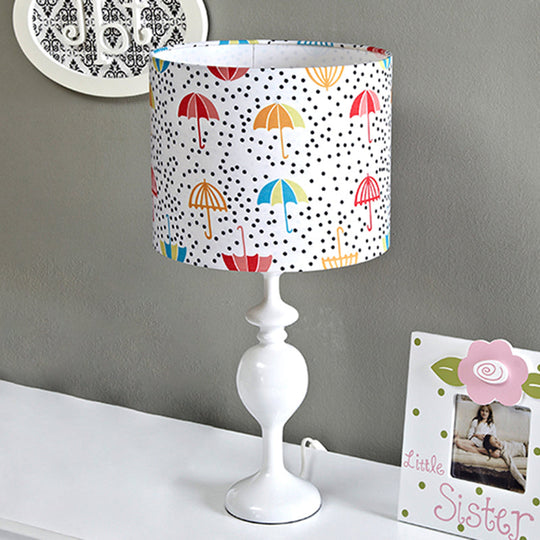 Licia - Resin Drum Desk Light: Contemporary White Nightstand Lamp with Fabric
