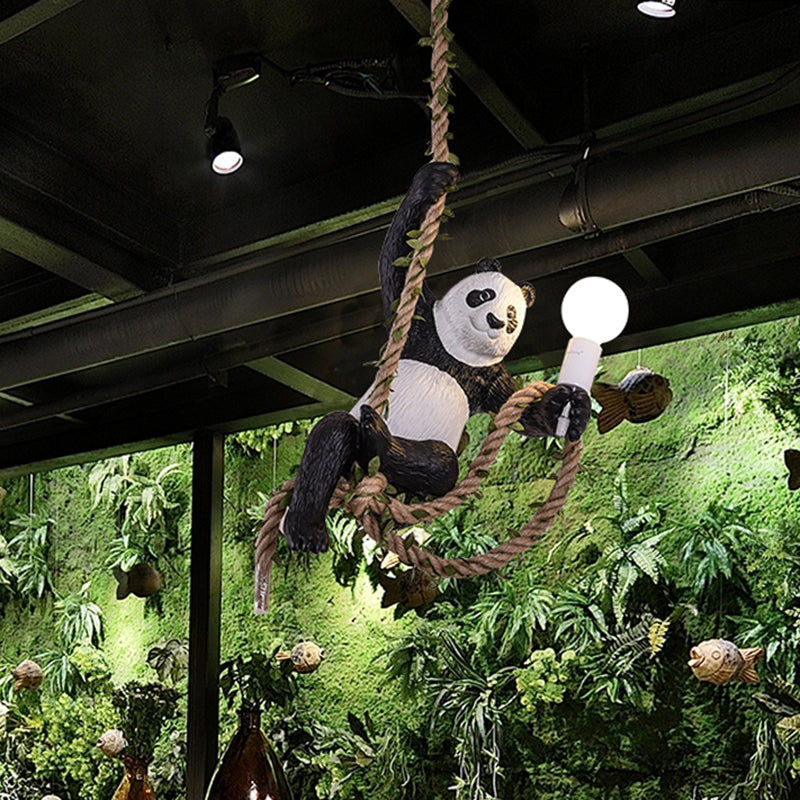 Creative Resin Panda Pendant Light Fixture With Rope Rod Black And White 1-Bulb Hanging Lamp Kit