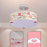 Cartoon Animal Print Semi Flush Ceiling Light With 3 Bulbs In White Fabric