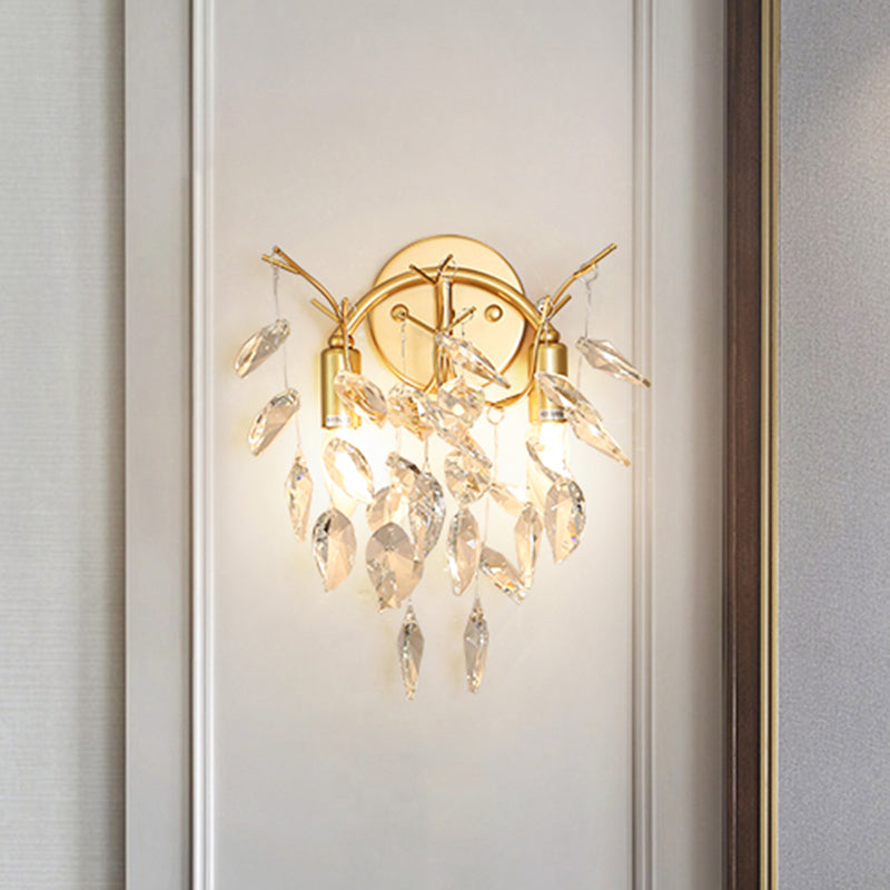 Modern Gold Wall Sconce With Leaf Shape Design And Beveled Crystal Accents 2-Bulb Lighting Fixture