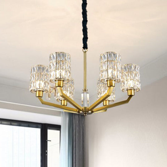 Gold Pendant Chandelier with Crystal Cylinder Shade - Modern Bedroom Lighting Fixture (6 Heads)