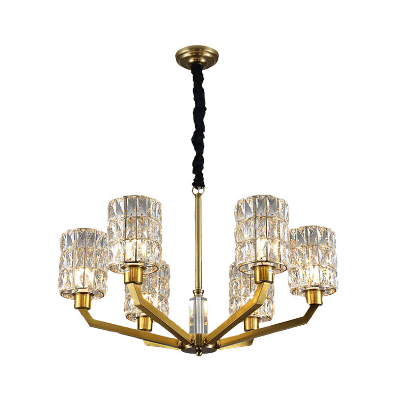 Modern Gold Bedroom Pendant Chandelier With Crystal Shade - 6 Heads Hanging Light Fixture