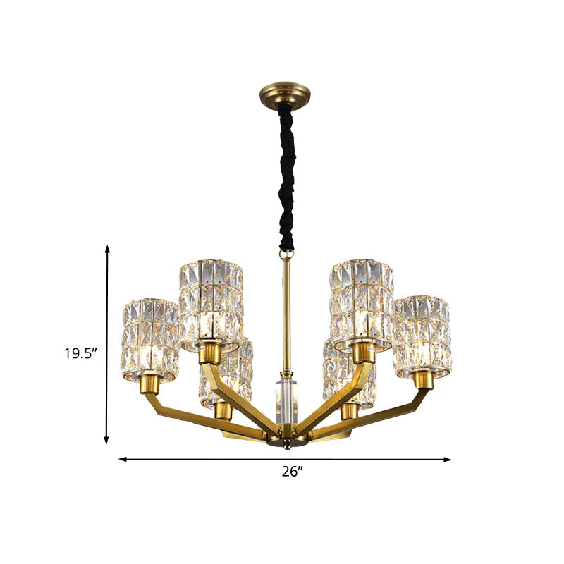 Gold Pendant Chandelier with Crystal Cylinder Shade - Modern Bedroom Lighting Fixture (6 Heads)