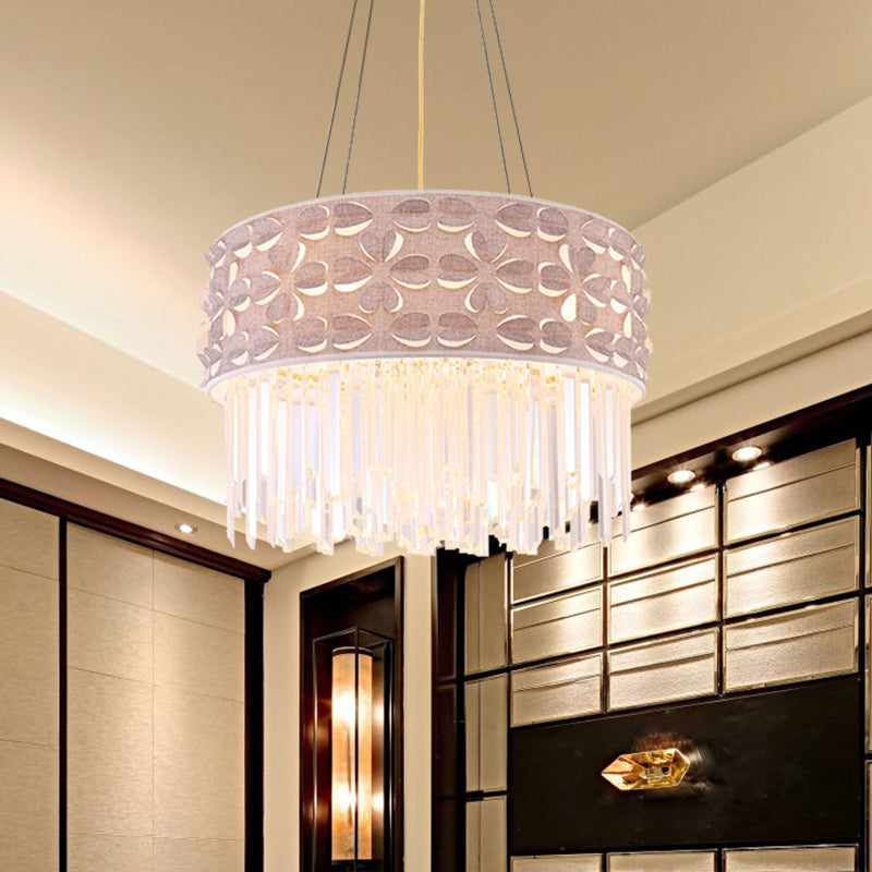 Minimal White Crystal Drum Chandelier - 4-Head Dining Room Pendant Lamp
