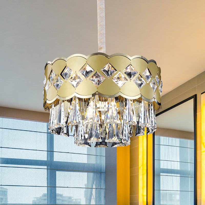 Modern Crystal Block Chandelier With 9 Gold Lights For Bedroom