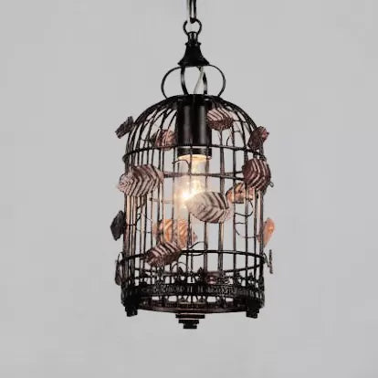 Antique Style Metal Rust Pendant Light With Birdcage Shade & Leaf Decoration