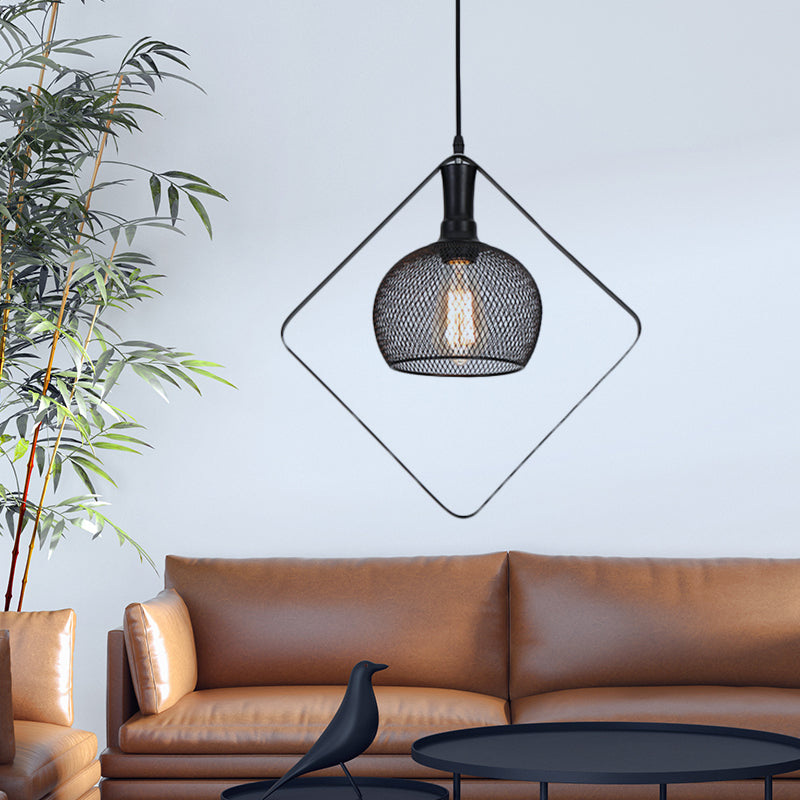 Vintage Mesh Domed Metal Pendant Light With Square Deco In Black For Living Room Ceiling - 1 Bulb