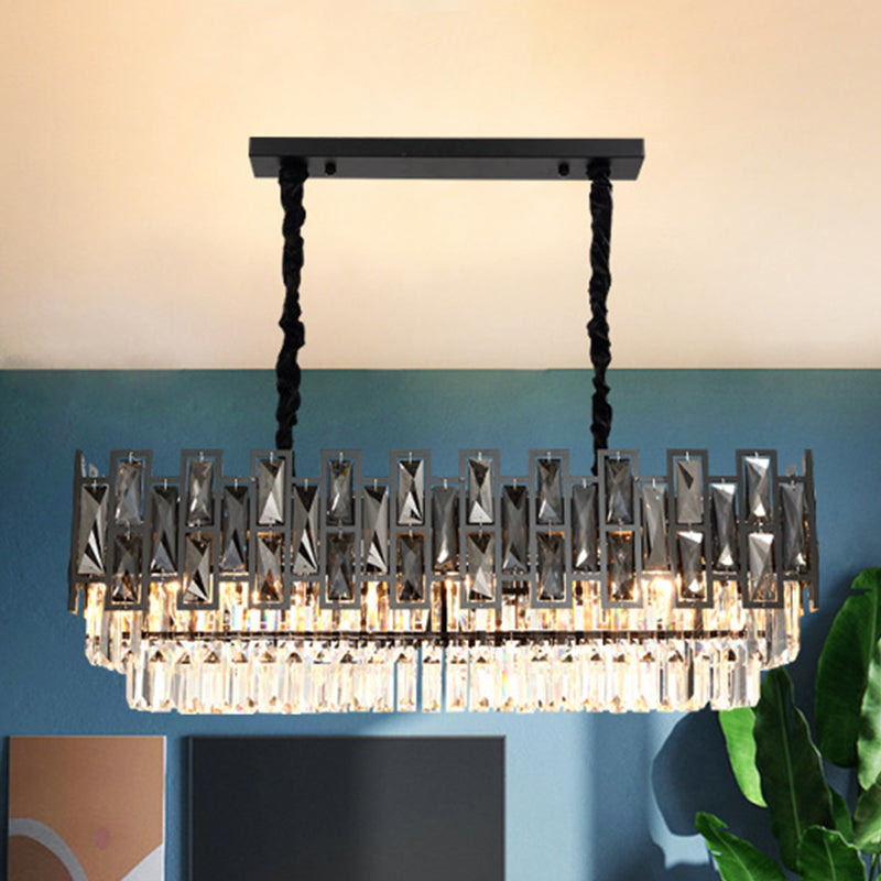 Modern Black Island Pendant Lamp With Smoke Faceted Crystal Prism Layers