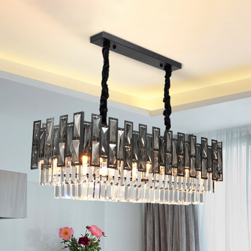 Modern Black Island Pendant Lamp With Smoke Faceted Crystal Prism Layers